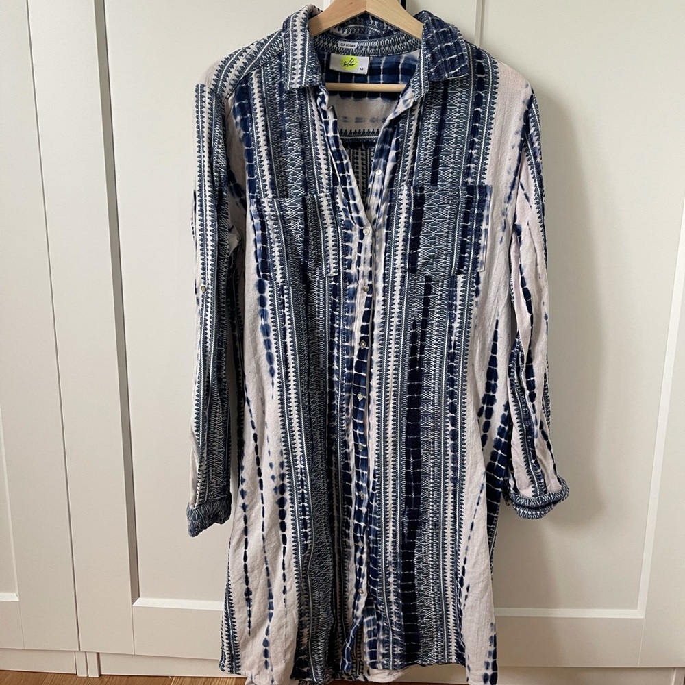 Tie-Dye Stripe Tunic Shirt Dress - Navy White